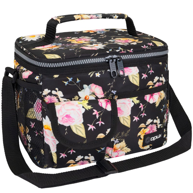 opux Insulated Lunch Bag for Men Women, Leakproof Floral Black Lunch Box for Work, Portable Soft Lunch Cooler Bag with Shoulder Strap, Adult Lunchbox Lunch Pail for Kid Boy Girl School, 14 Can/8L - Image 1